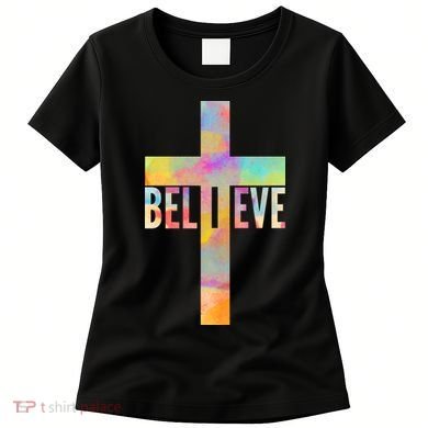 Colorful Believe Christian Cross Women's T-Shirt