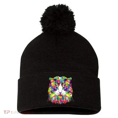 Colorful Cat Pattern Pom Pom 12in Knit Beanie