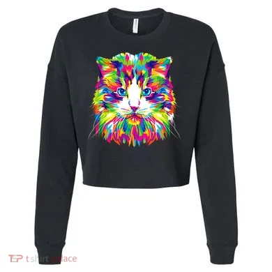 Colorful Cat Pattern Cropped Pullover Crew