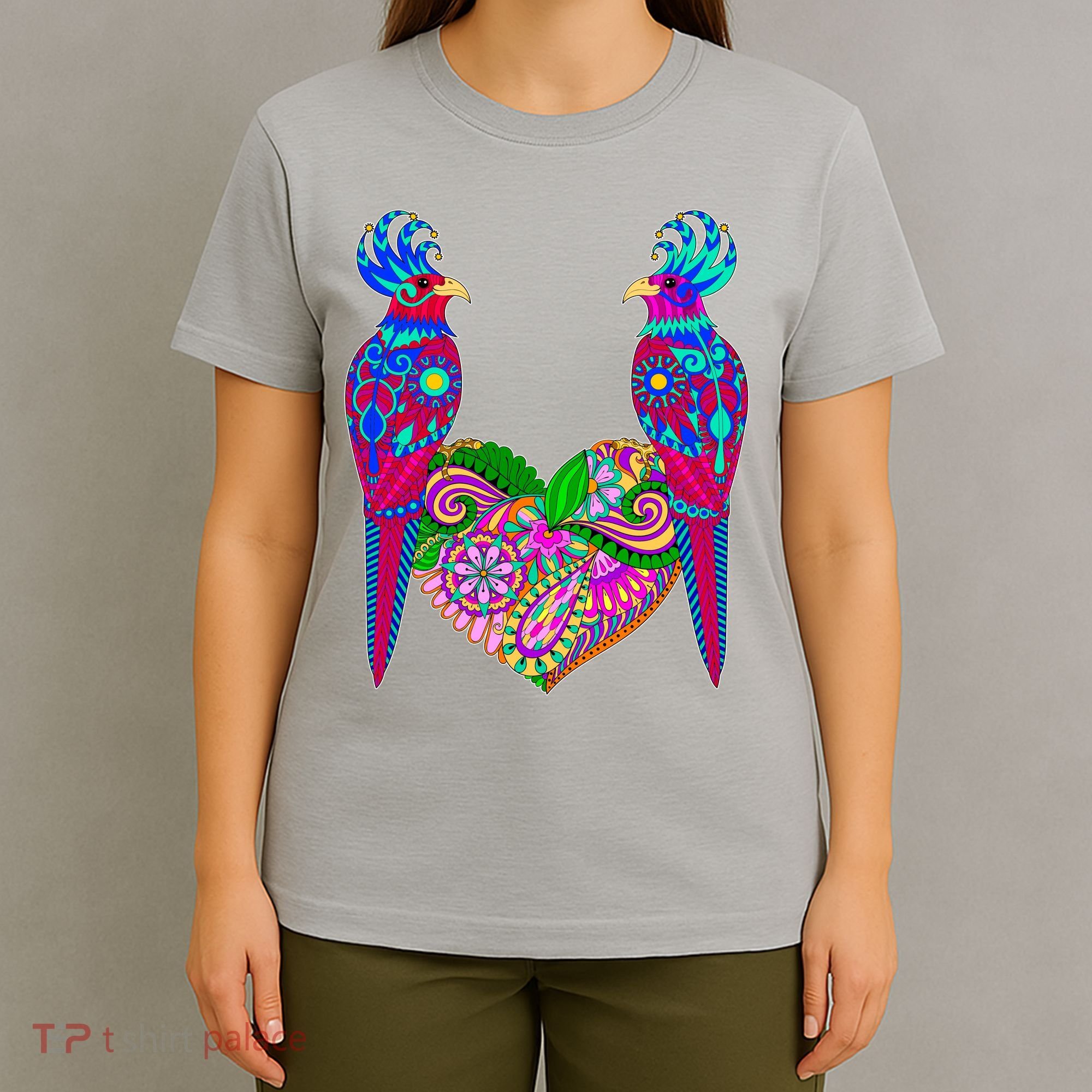 Colorful Jungle Birds Abstract Heart T-Shirt