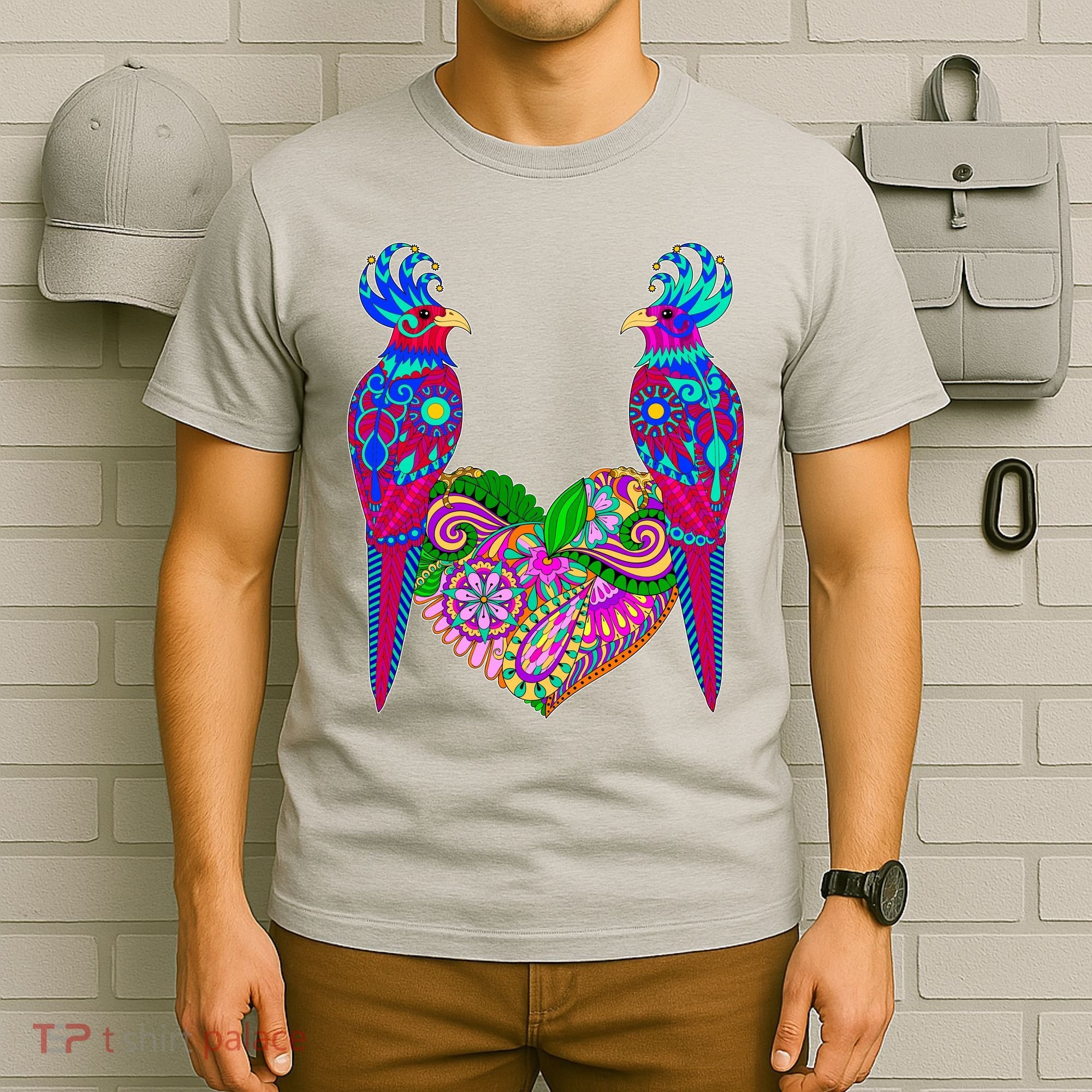 Colorful Jungle Birds Abstract Heart T-Shirt