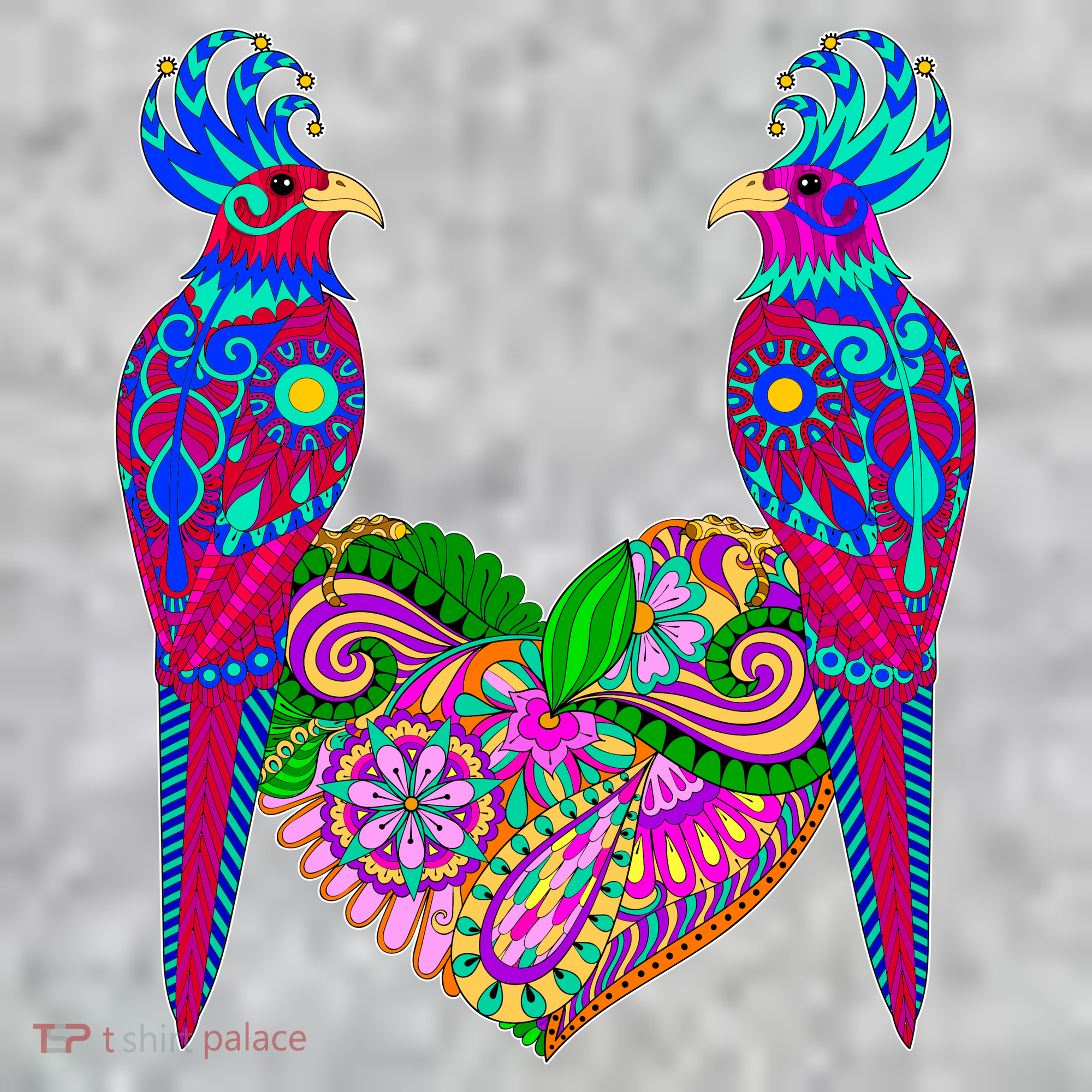 Colorful Jungle Birds Abstract Heart T-Shirt