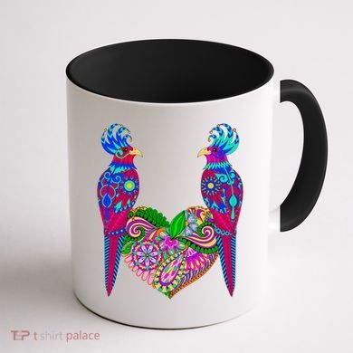 Colorful Jungle Birds Abstract Heart Coffee Mug back