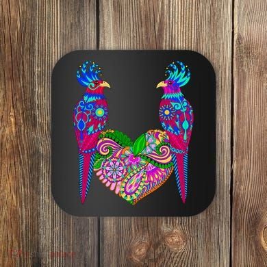 Colorful Jungle Birds Abstract Heart Coaster