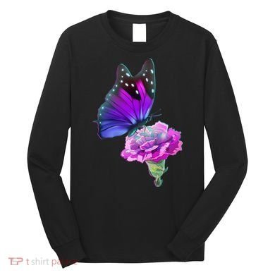 Colorful Neon Butterfly on Flower Long Sleeve Shirt
