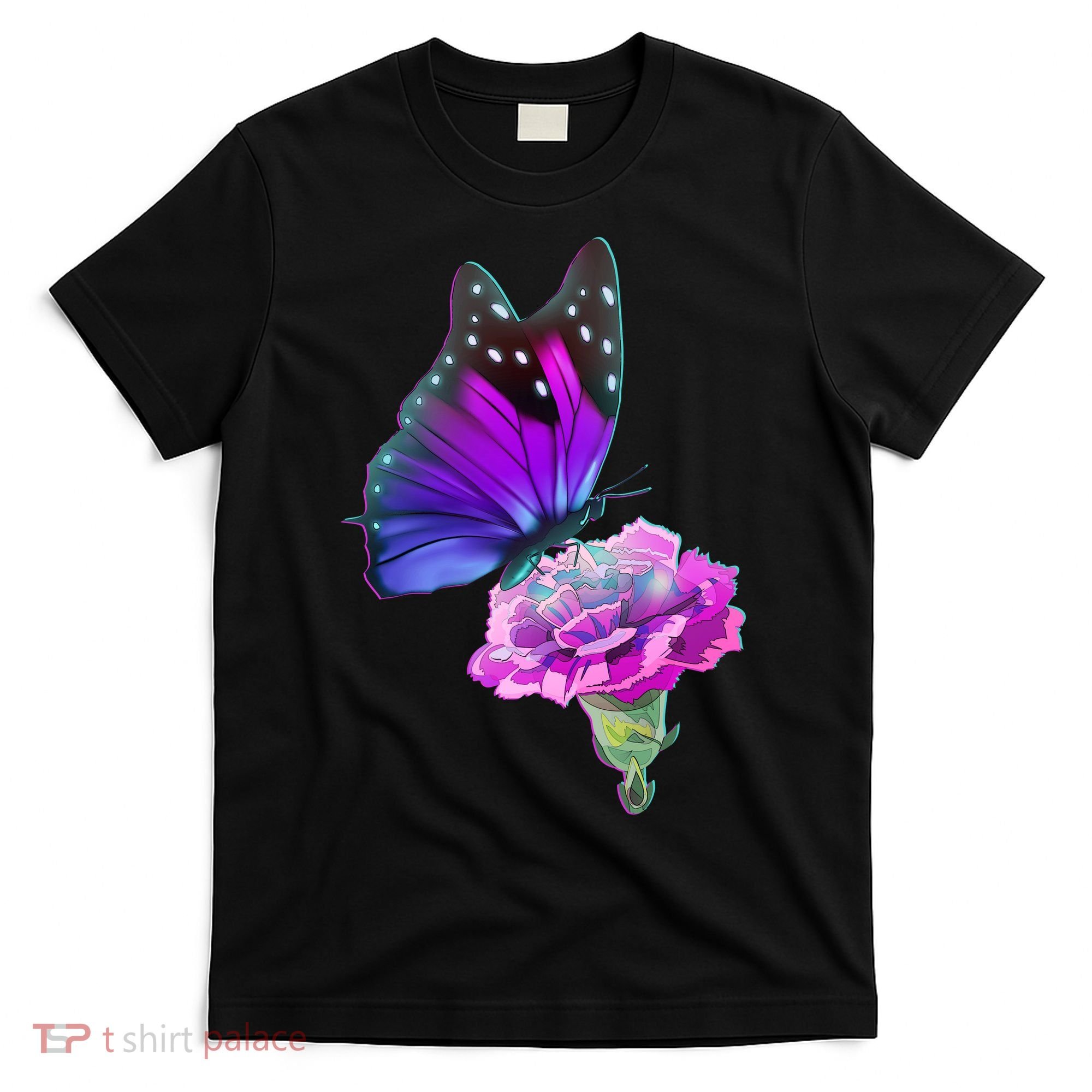 Colorful Neon Butterfly on Flower T-Shirt
