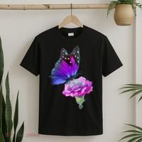 Colorful Neon Butterfly on Flower T-Shirt thumb 2