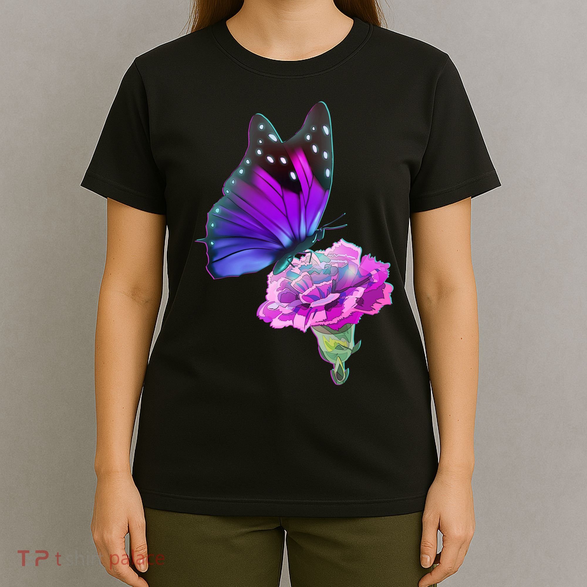 Colorful Neon Butterfly on Flower T-Shirt