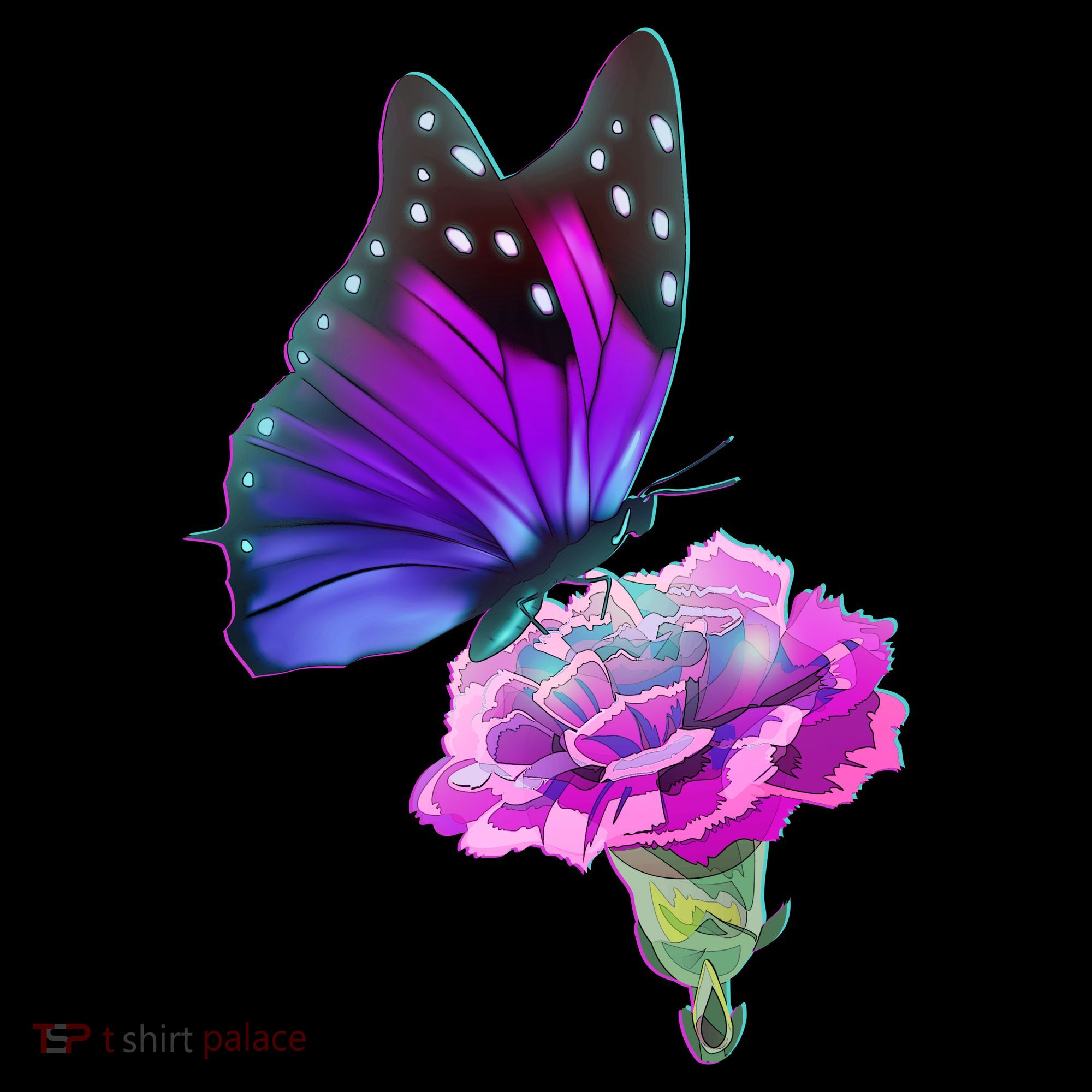 Colorful Neon Butterfly on Flower T-Shirt