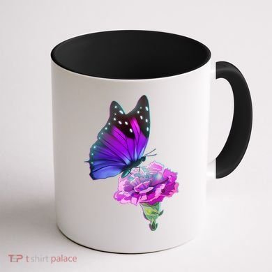 Colorful Neon Butterfly on Flower Coffee Mug back