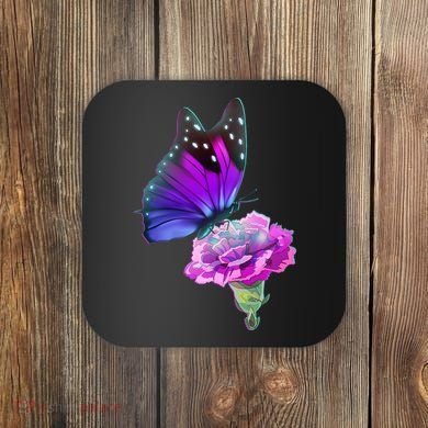 Colorful Neon Butterfly on Flower Coaster
