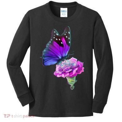 Colorful Neon Butterfly on Flower Kids Long Sleeve Shirt