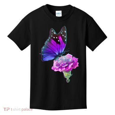 Colorful Neon Butterfly on Flower Kids T-Shirt
