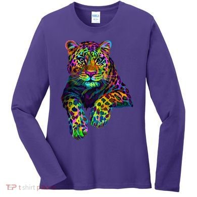 Colorful Neon Leopard Jaguar Portrait Women's Long Sleeve Shirt