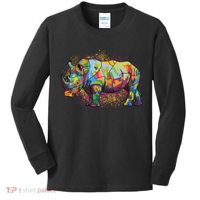 Colorful Rhino Art Splatter Kids Long Sleeve Shirt