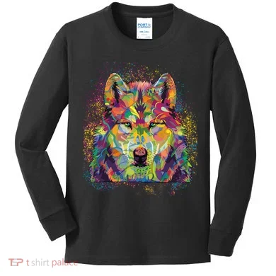 Colorful Wild Wolf Art Pattern Kids Long Sleeve Shirt
