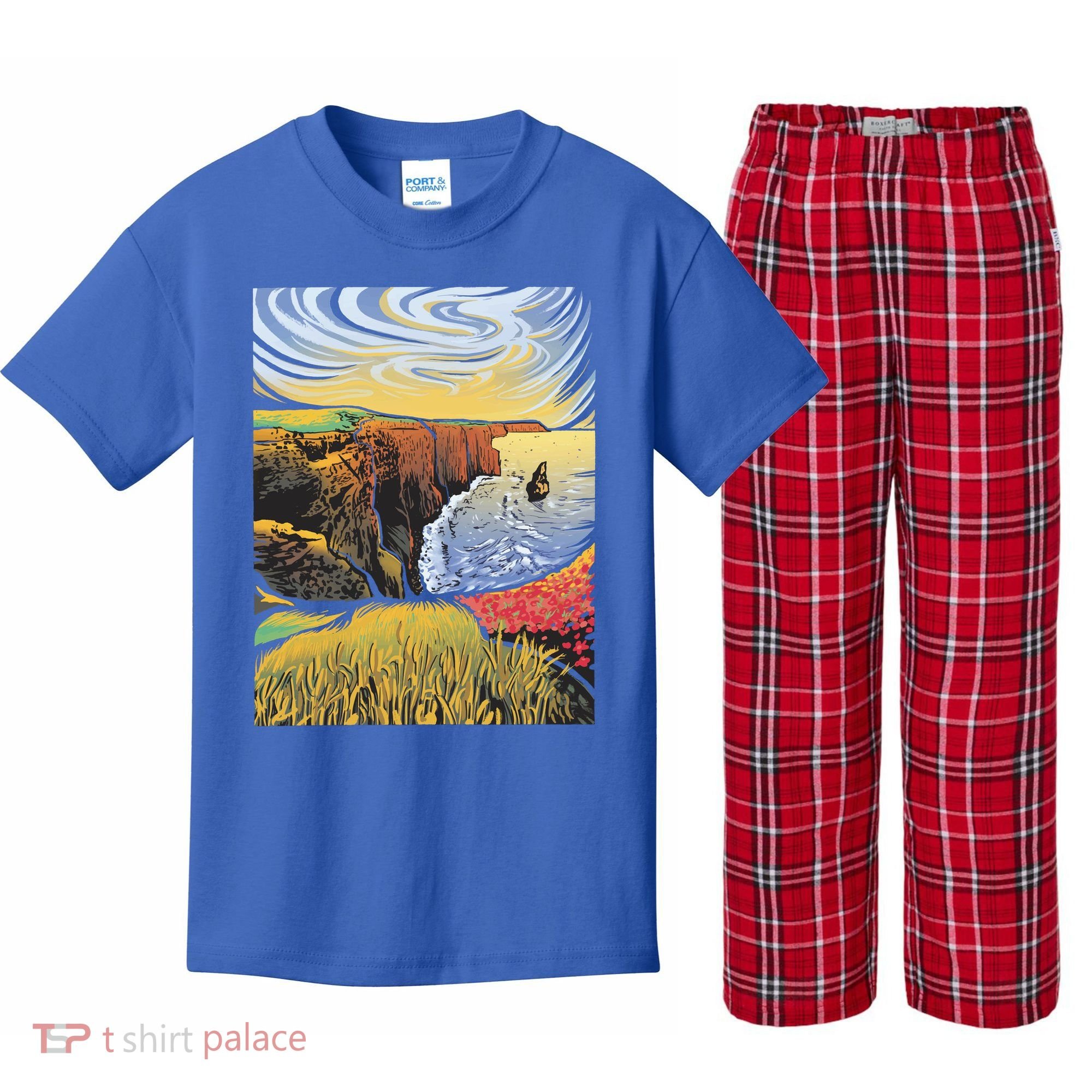 Cliffs Of Moher Landscape Nature Kids Plaid Pajama Set