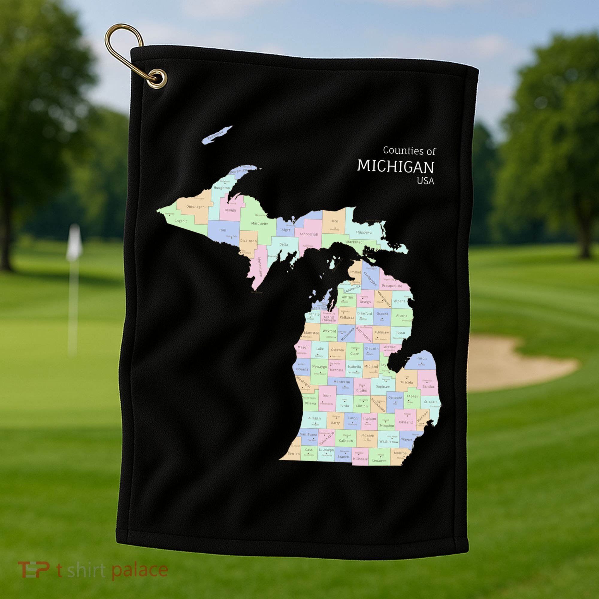 Counties Of Michigan Illustration Map Golf Towel
