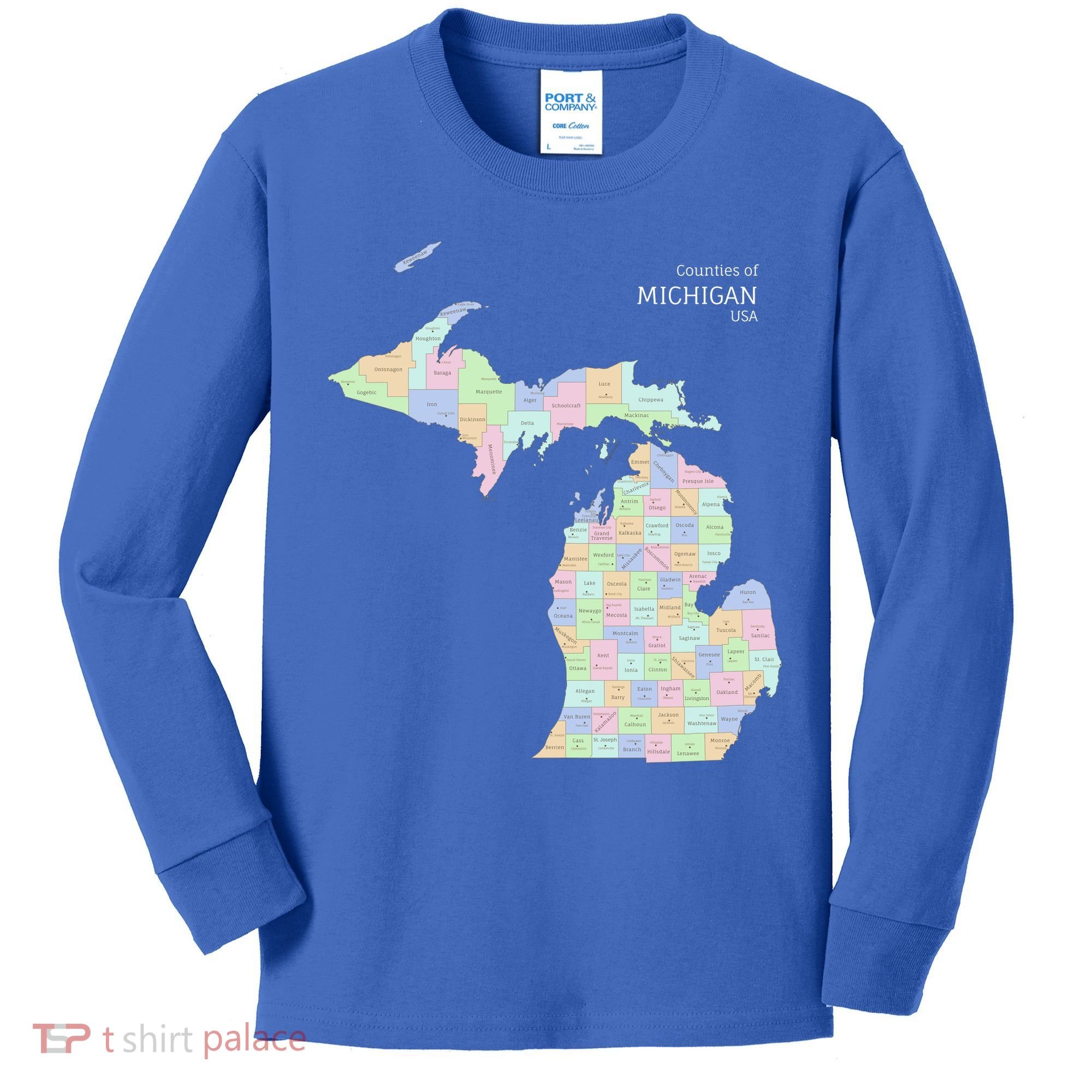 Counties Of Michigan Illustration Map Kids Long Sleeve Shirt