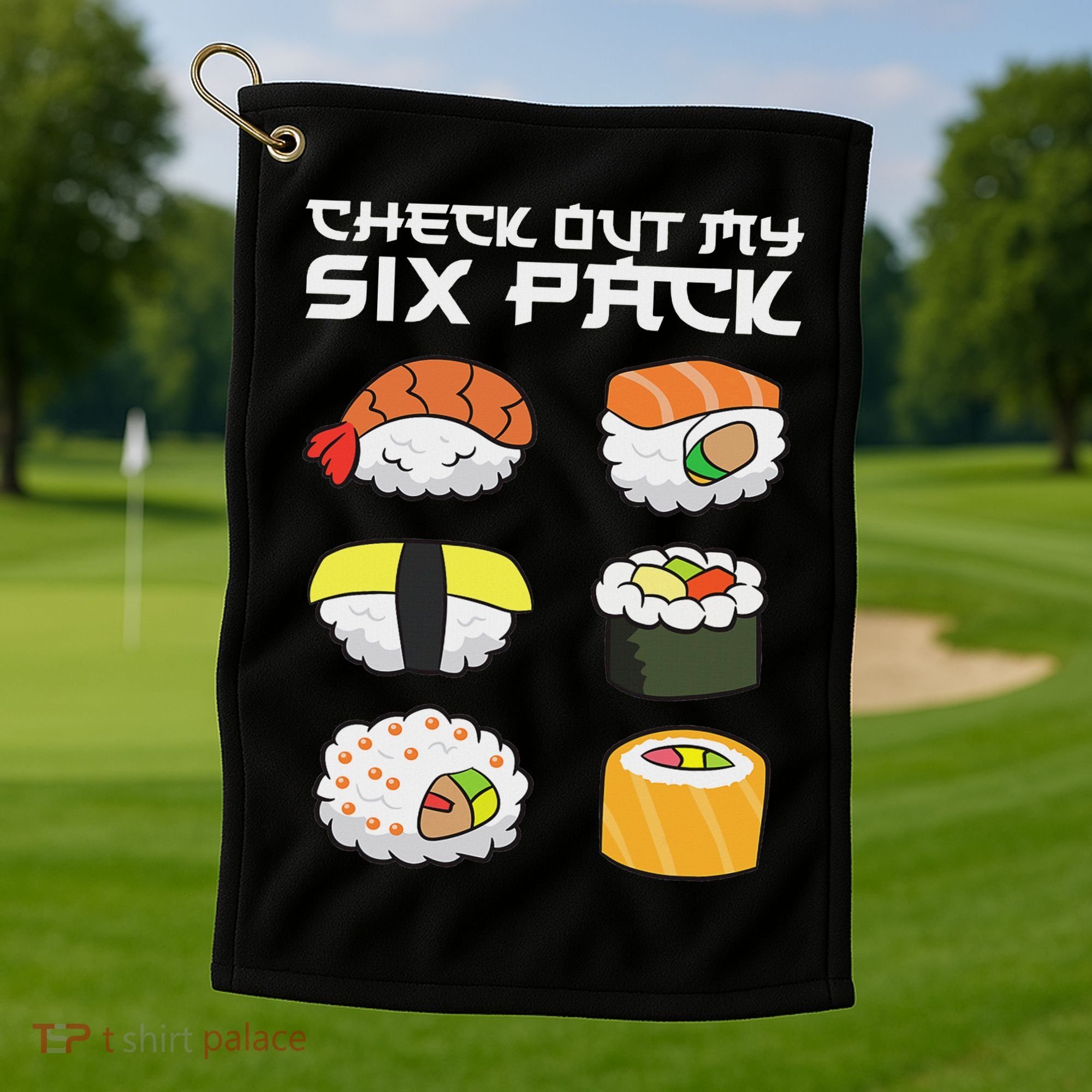 Check Out My Six Pack Funny Japanese Sushi Golf Towel