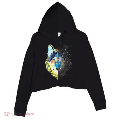 Constellation Pixel Wolf Crop Fleece Hoodie