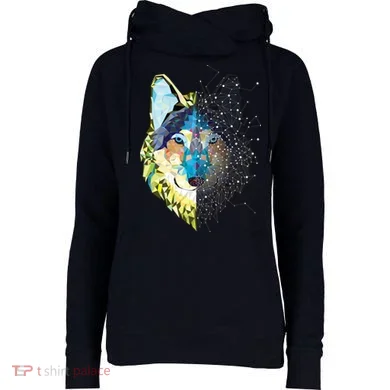 Constellation Pixel Wolf Womens Funnel Neck Pullover Hood