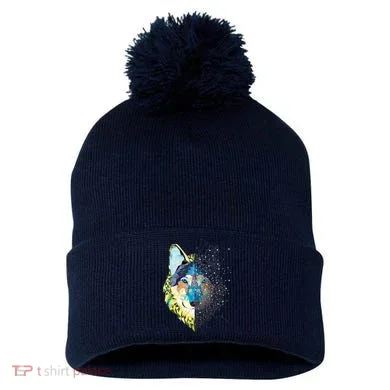Constellation Pixel Wolf Pom Pom 12in Knit Beanie