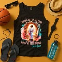 Coming Out Of My Cave And I’m Doing Just Fine Jesus Easter Gift Tank Top thumb 4