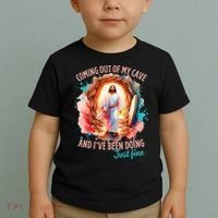 Coming Out Of My Cave And I’m Doing Just Fine Jesus Easter Gift Toddler T-Shirt thumb 2