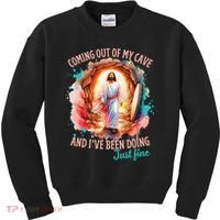 Coming Out Of My Cave And I’m Doing Just Fine Jesus Easter Gift Kids Sweatshirt thumb 0