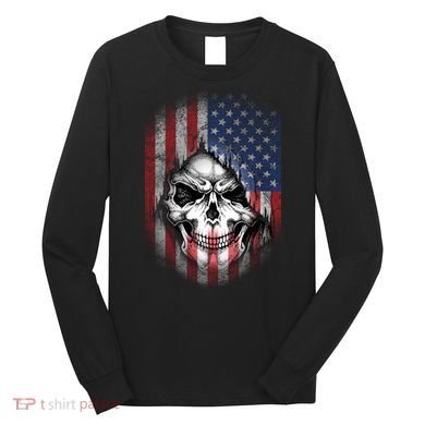 Cool American Flag Skull Graphic Long Sleeve Shirt