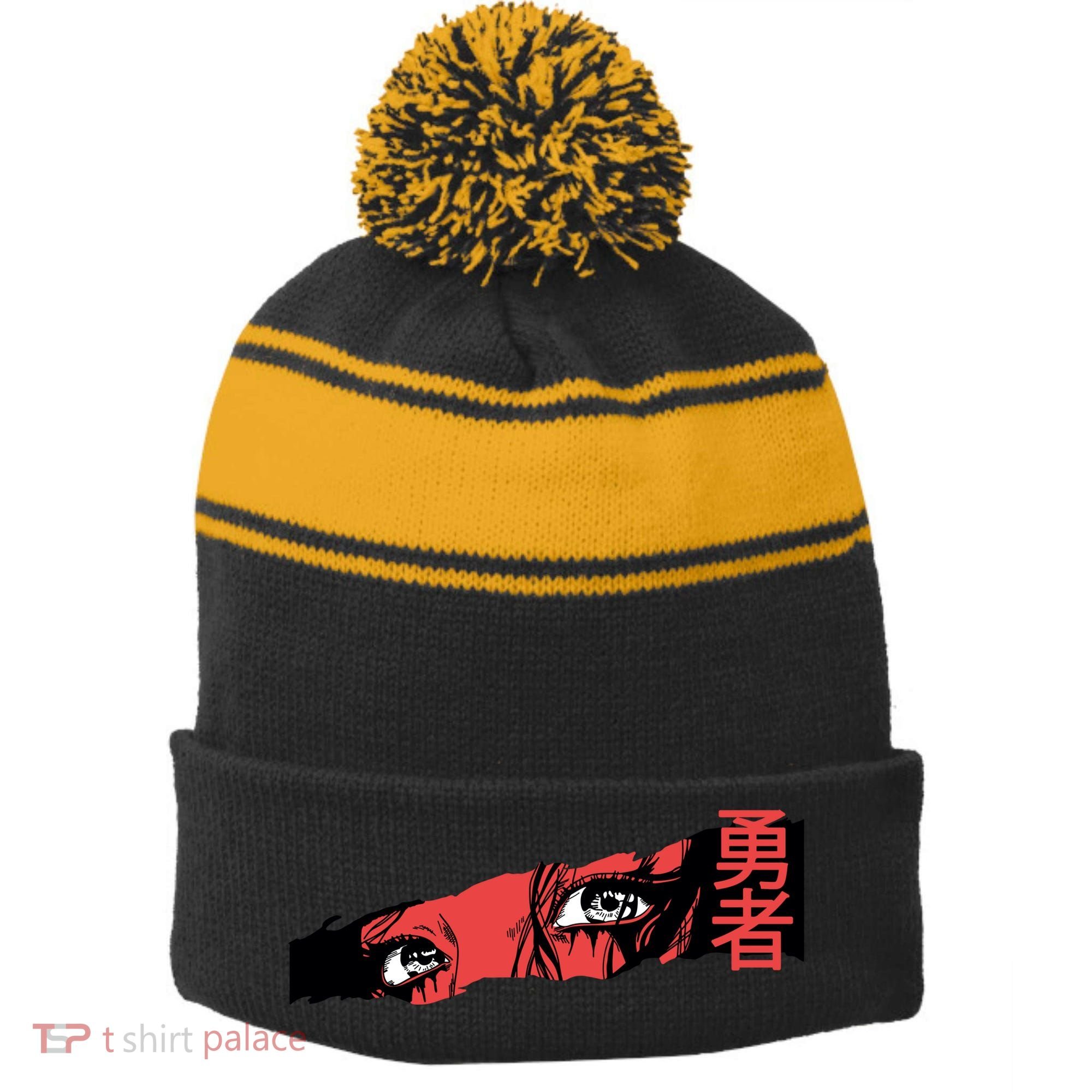 Cool Anime Style Eyes Stripe Pom Pom Beanie