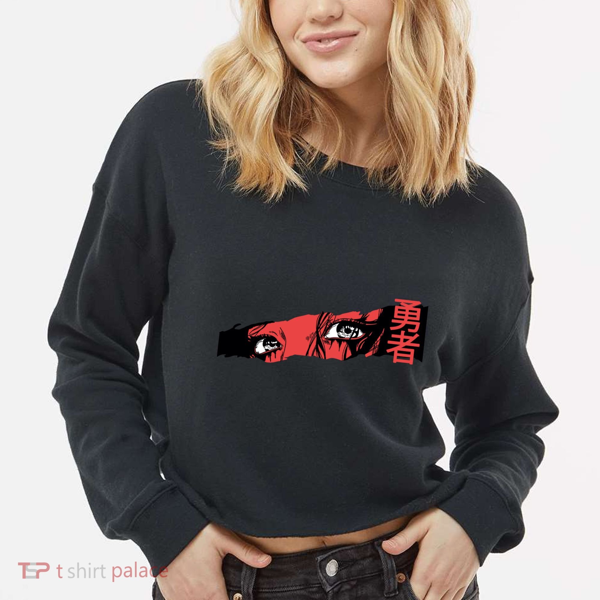 Cool Anime Style Eyes Cropped Pullover Crew