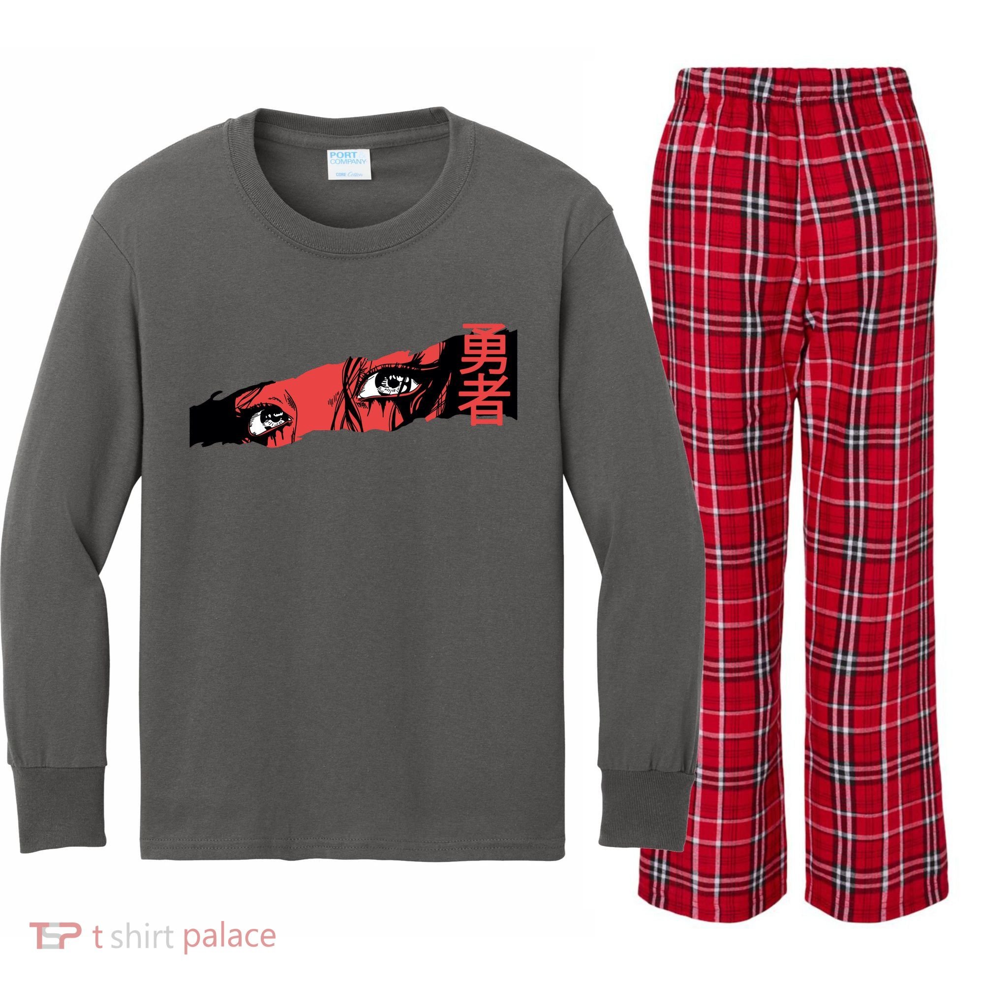 Cool Anime Style Eyes Kids Long Sleeve Plaid Pajama Set