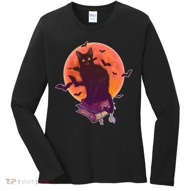 Cool Halloween Black Cat Moon Women's Long Sleeve Shirt