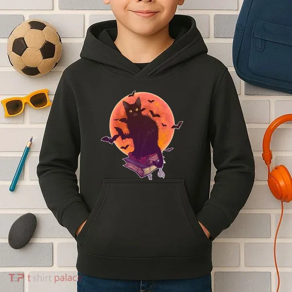 Cool Halloween Black Cat Moon Kids Hoodie