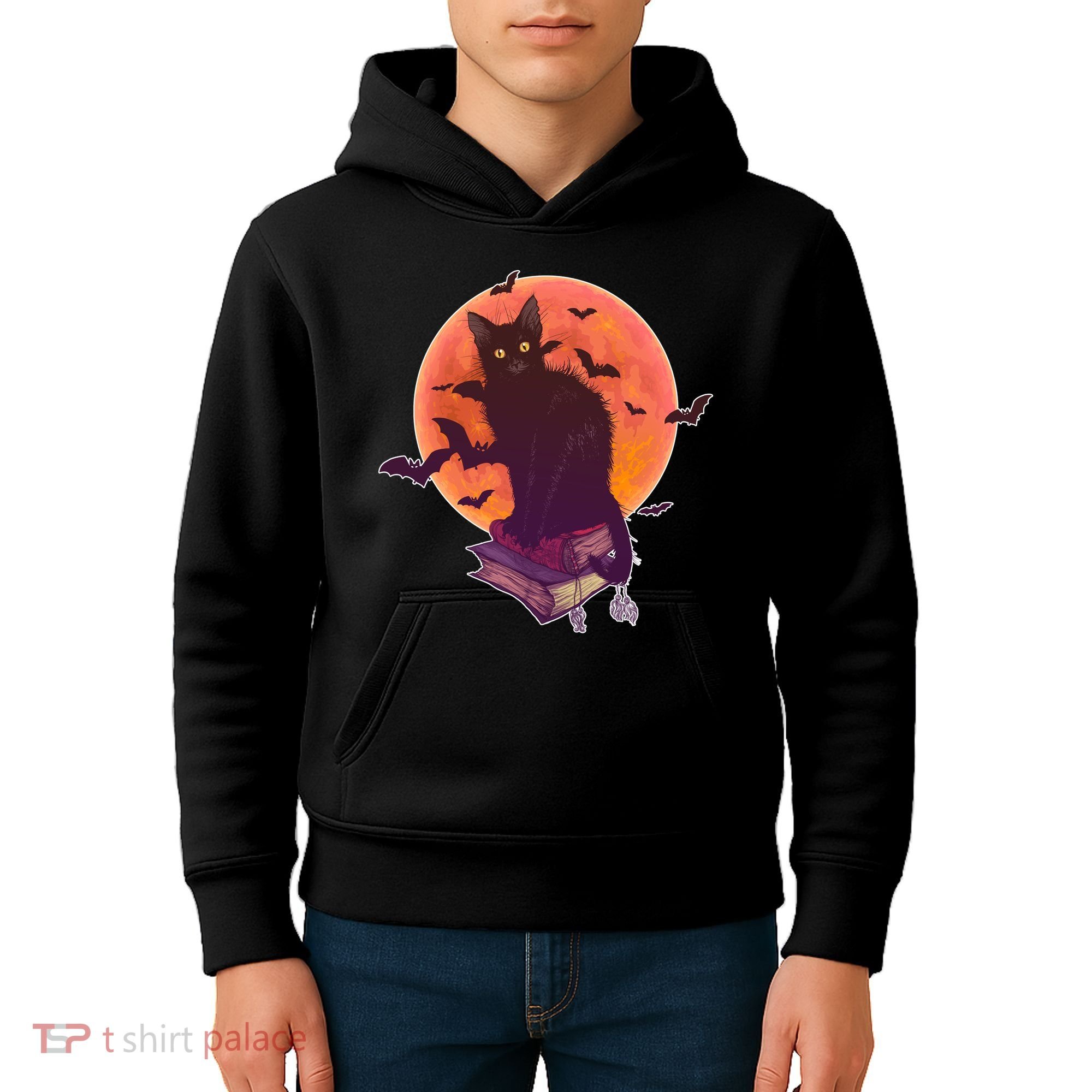 Cool Halloween Black Cat Moon Kids Hoodie
