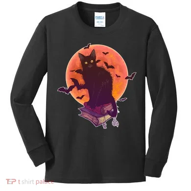 Cool Halloween Black Cat Moon Kids Long Sleeve Shirt
