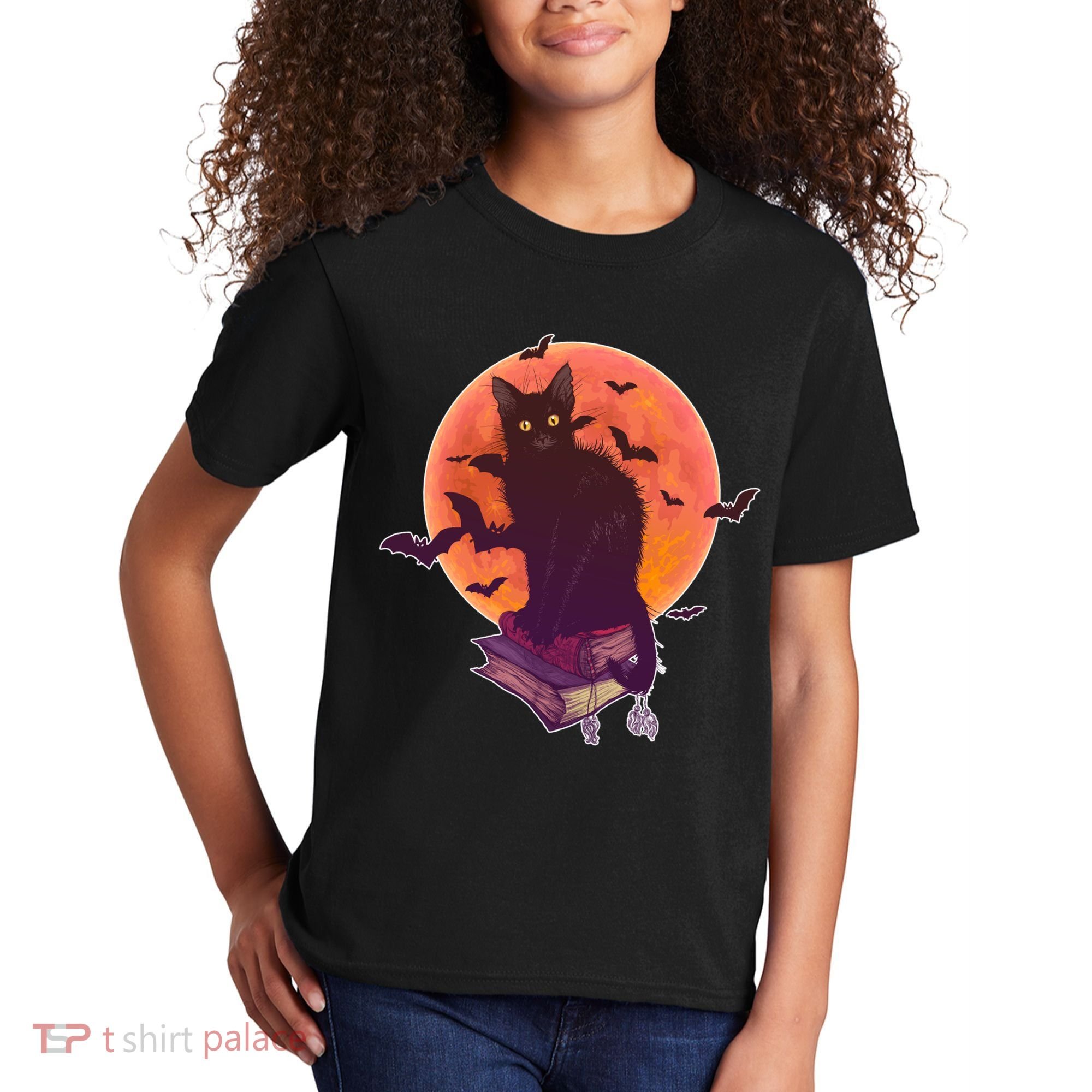 Cool Halloween Black Cat Moon Kids T-Shirt