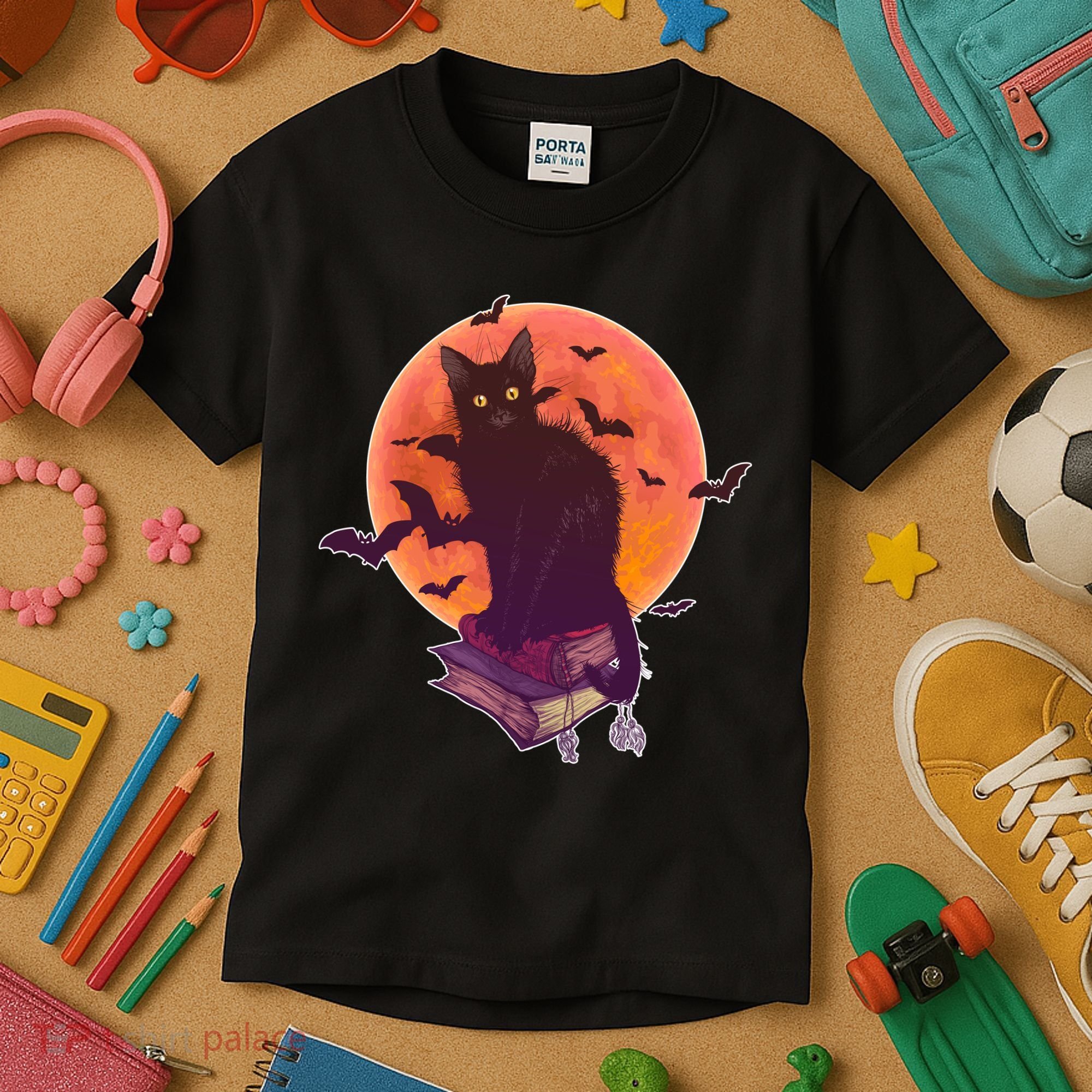 Cool Halloween Black Cat Moon Kids T-Shirt