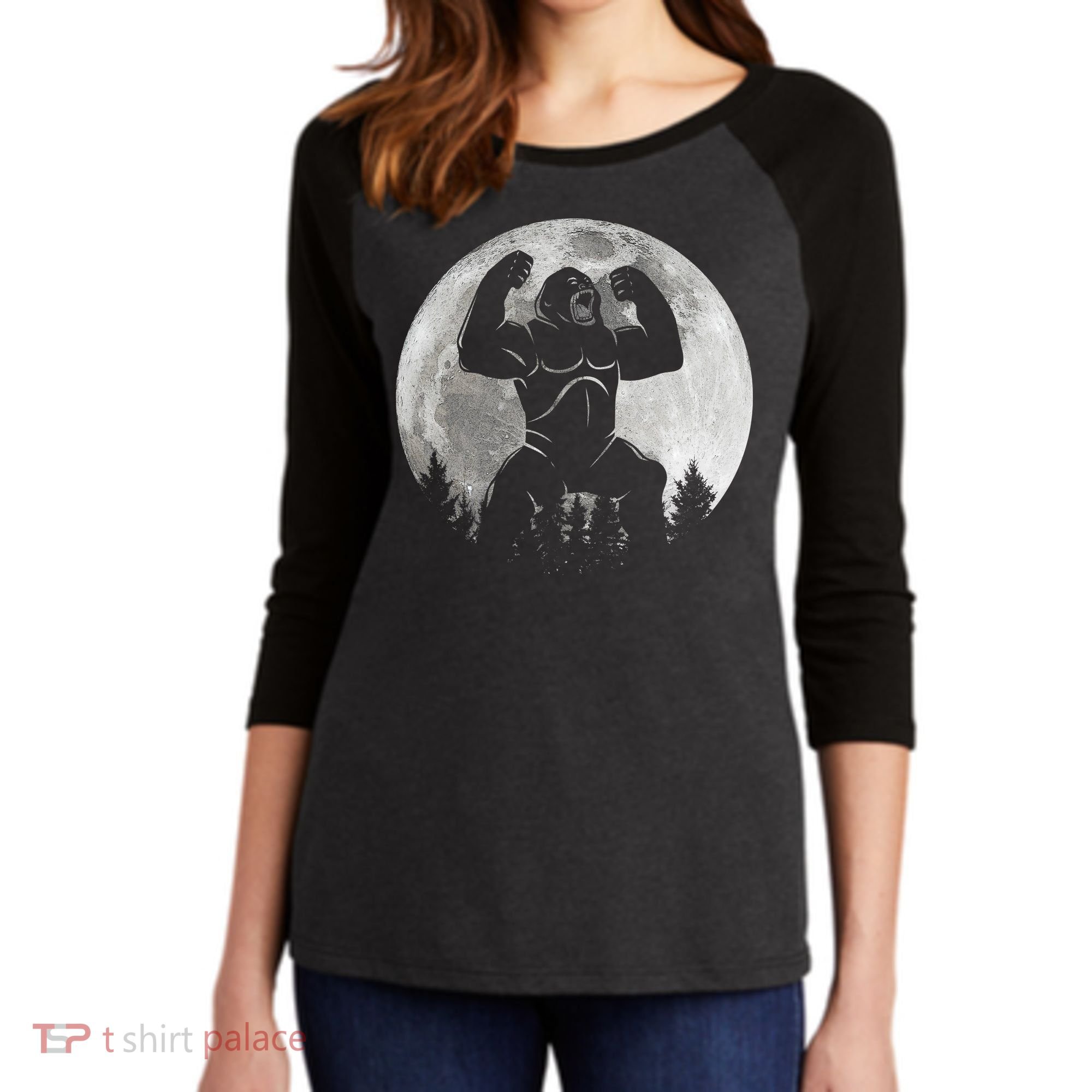 Cool King Kong Monster Full Moon Women's Tri-Blend 3/4-Sleeve Raglan Shirt
