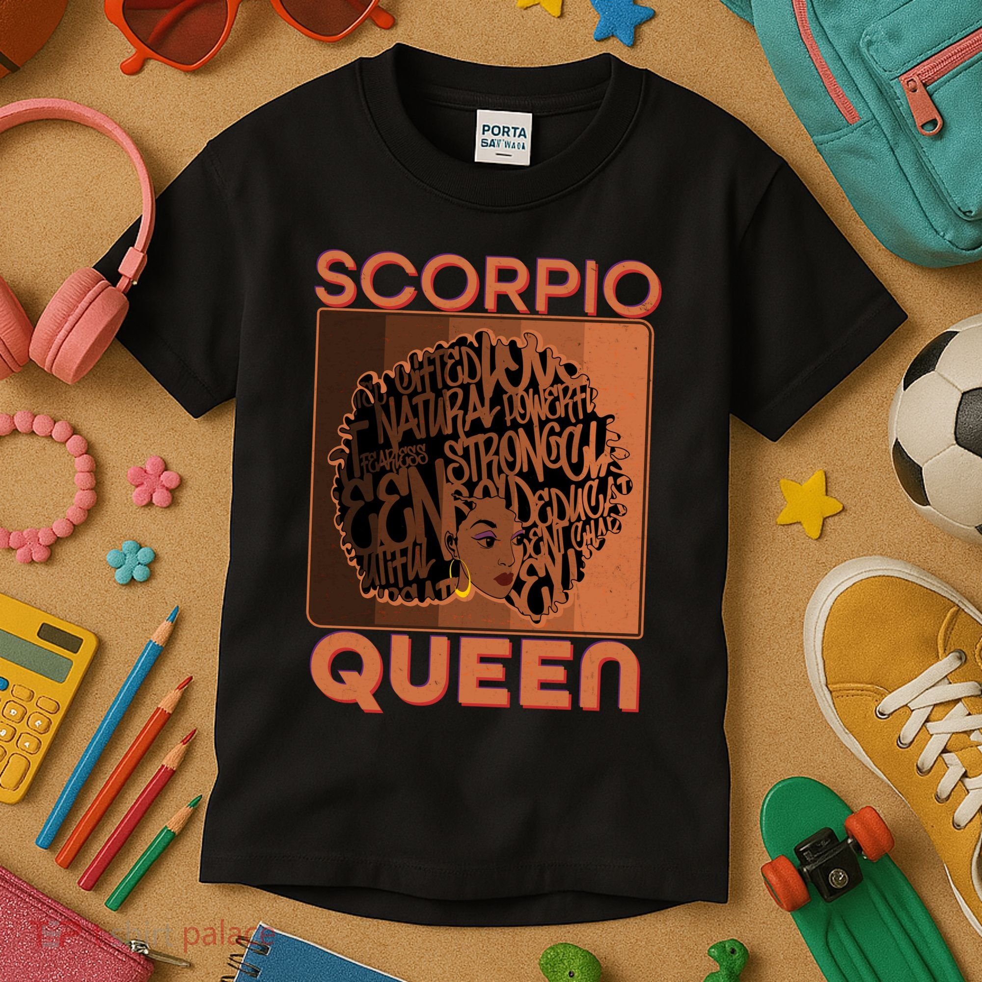 Cool Retro Scorpio Queen Afro Woman Kids T-Shirt