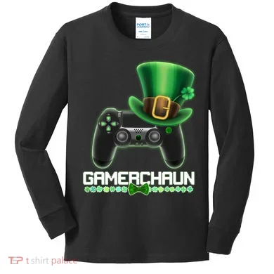 Cool St Patrick's Day Gamerchaun Game Controller Leprechaun Kids Long Sleeve Shirt