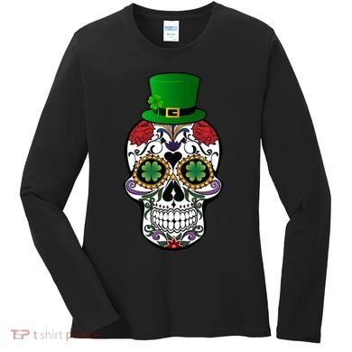 Cool St Patricks Day Irish Day Of The Dead Skull Women's Long Sleeve Shirt