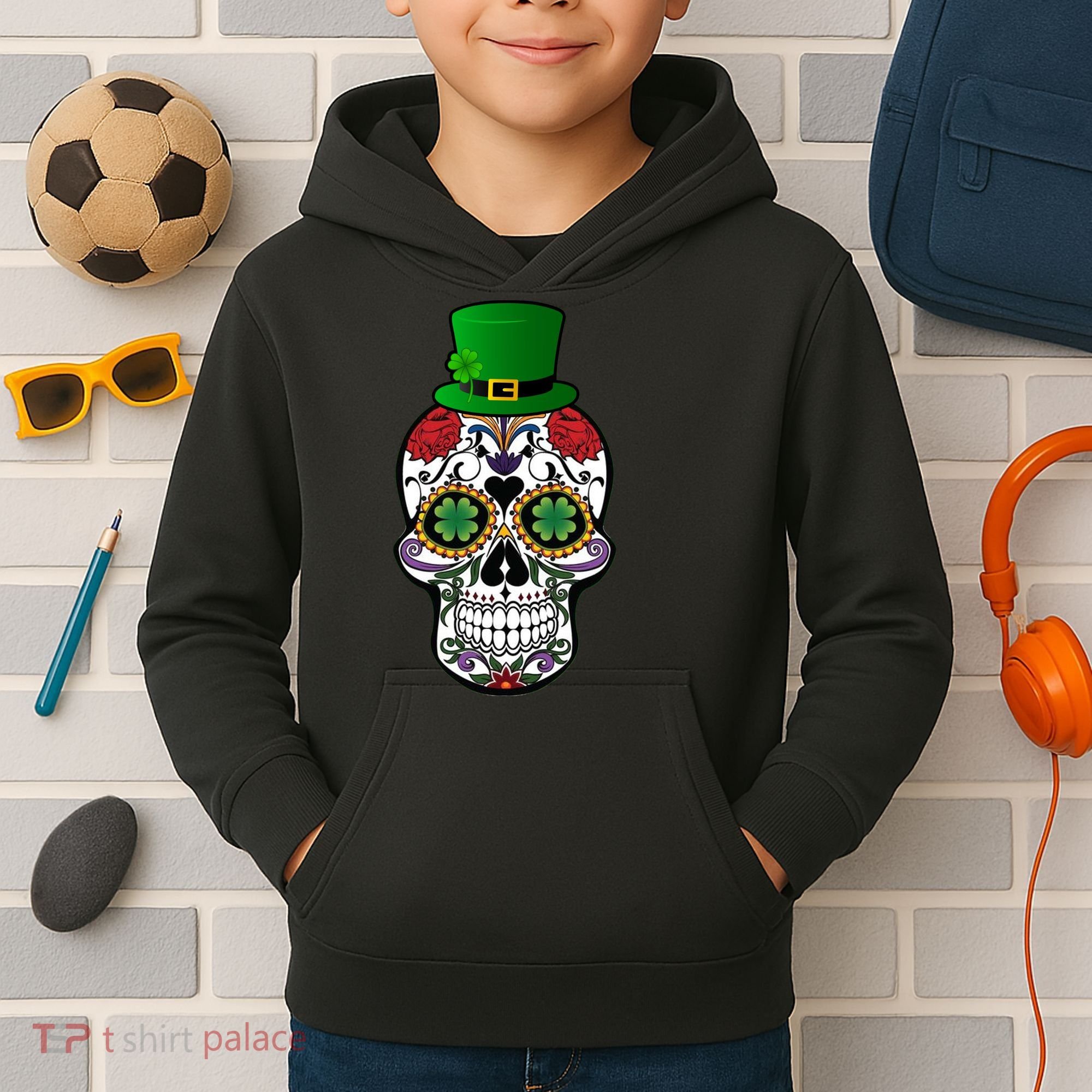 Cool St Patricks Day Irish Day Of The Dead Skull Kids Hoodie