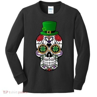 Cool St Patricks Day Irish Day Of The Dead Skull Kids Long Sleeve Shirt