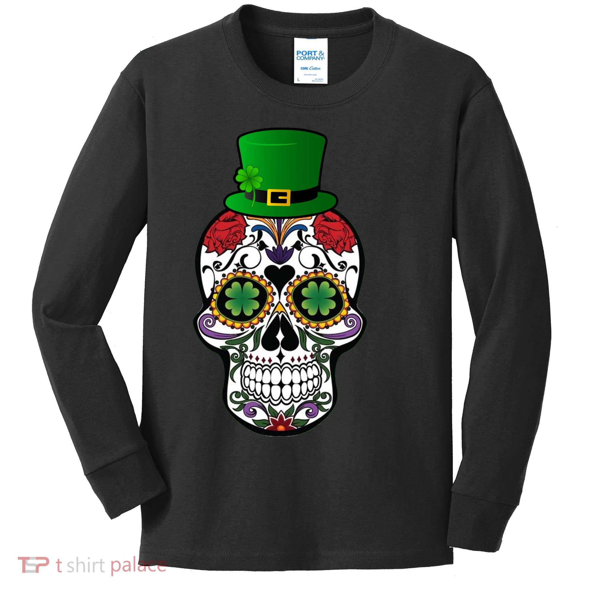 Cool St Patricks Day Irish Day Of The Dead Skull Kids Long Sleeve Shirt