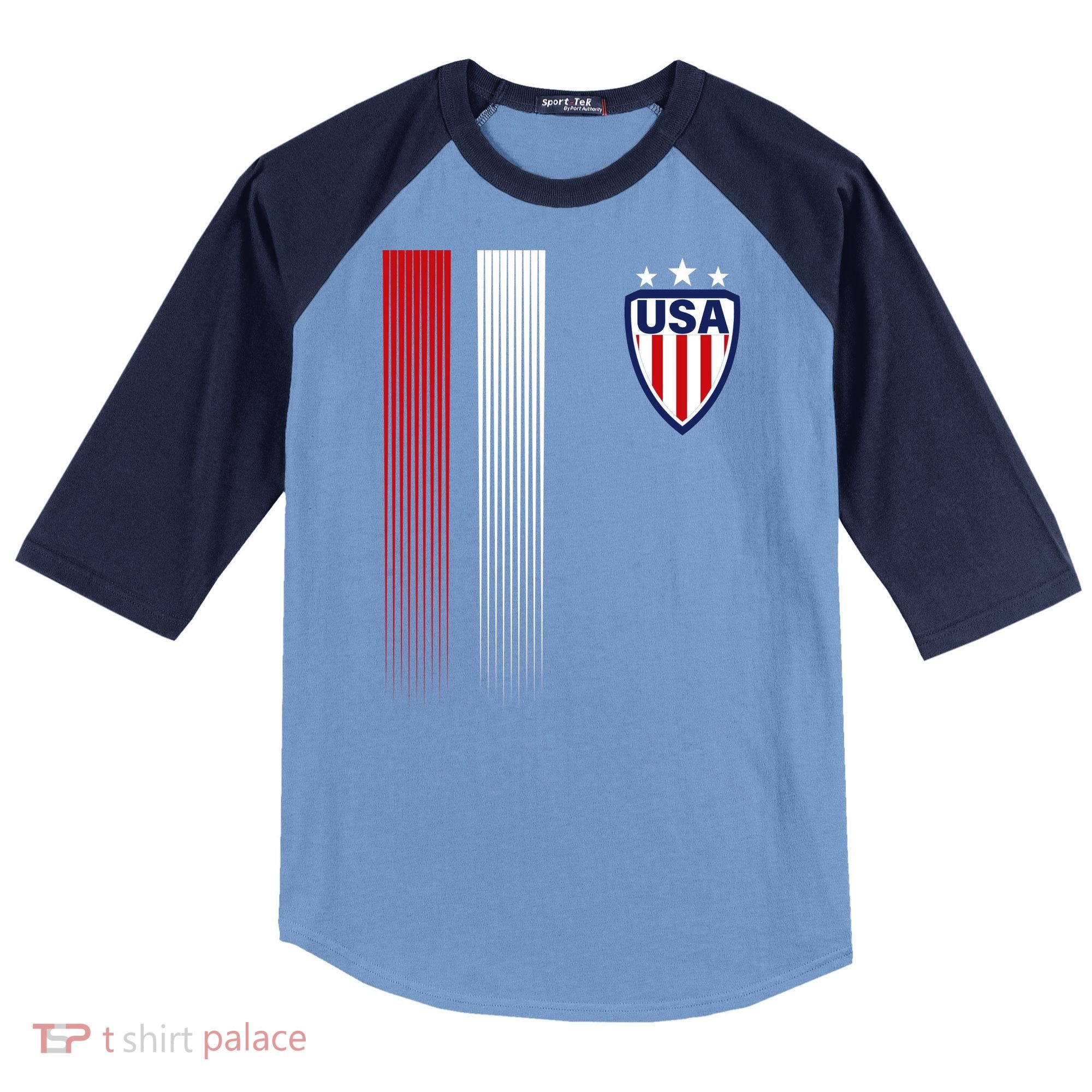 Cool USA Soccer Jersey Stripes Raglan Baseball Sleeve Shirt