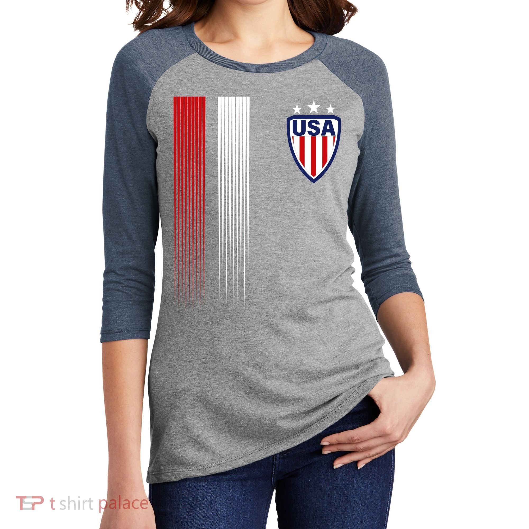Cool USA Soccer Jersey Stripes Women's Tri-Blend 3/4-Sleeve Raglan Shirt