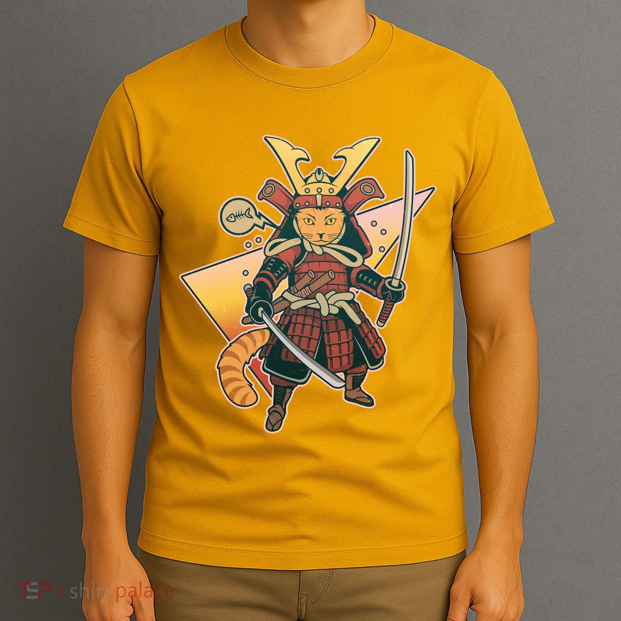 Cool Vintage Japanese Neko Cat Samurai Warrior T-Shirt